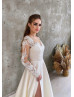 Long Sleeves Beaded Ivory Lace Satin High Slit Wedding Dress Long Sleeves Beaded Ivory Lace Satin High Slit Wedding Dress